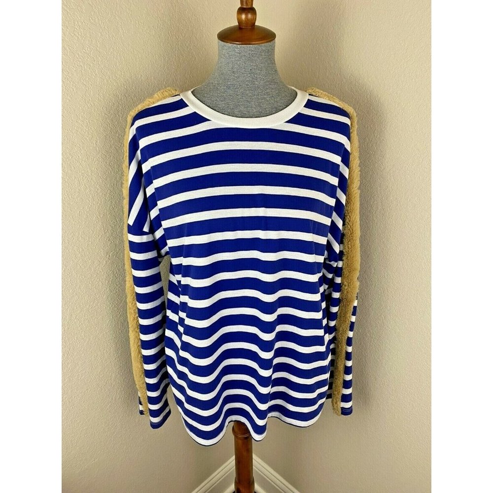 Zara Trafaluc Size Small Blue Striped Faux Fur Top